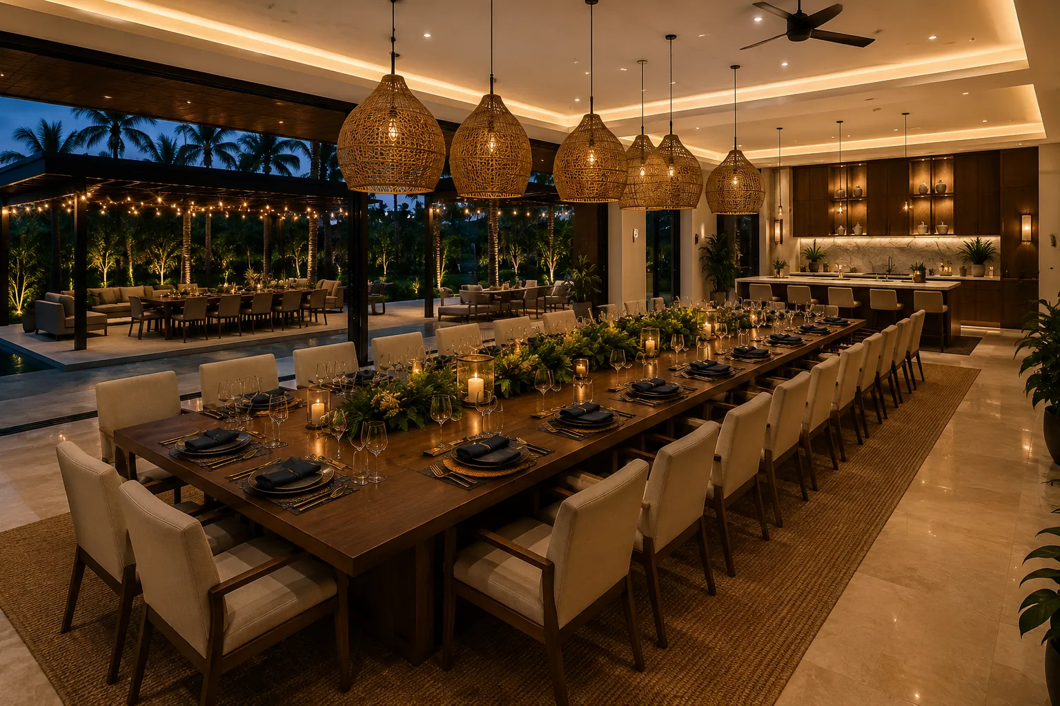 Long dining table for twenty under woven lamps