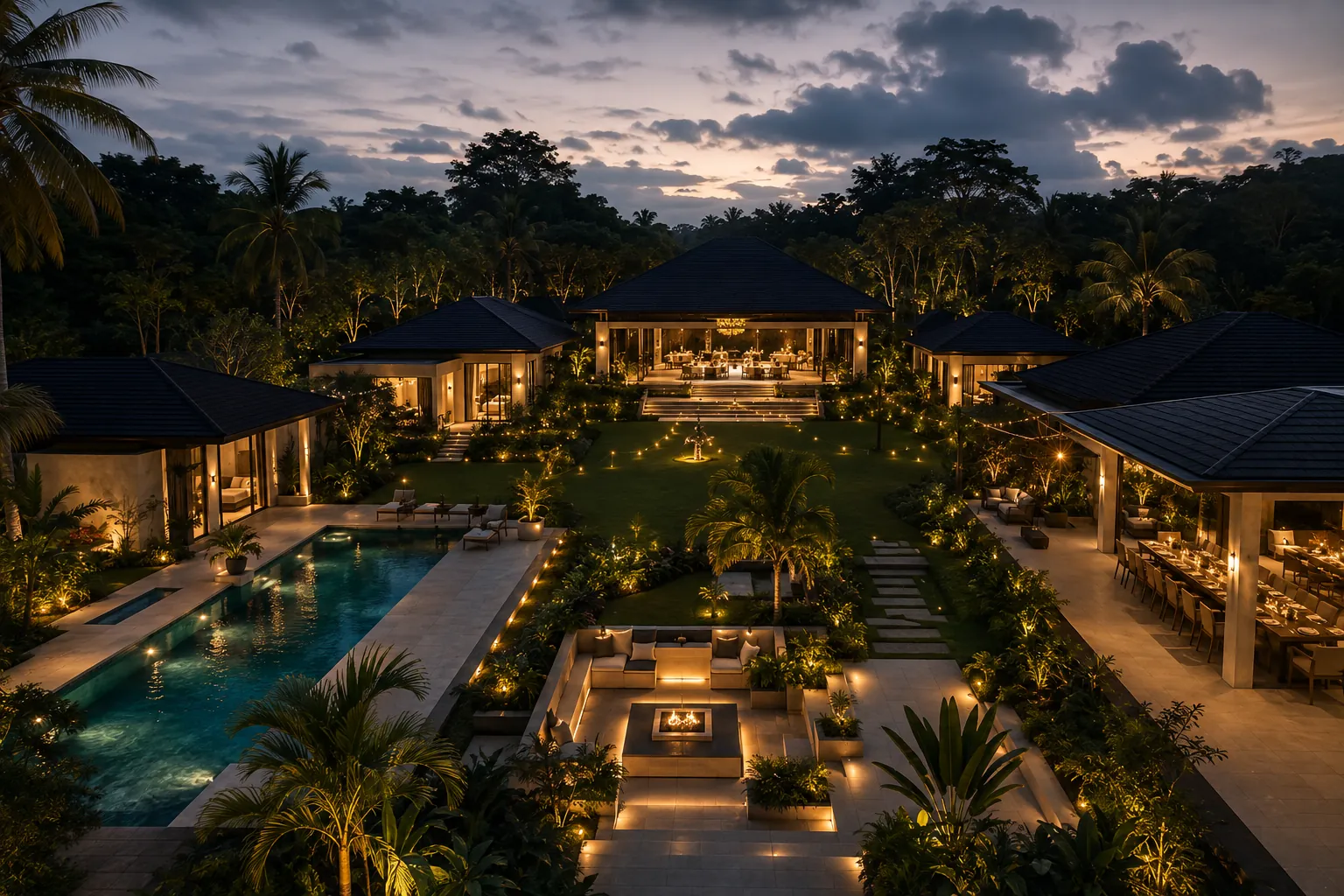 The Lunara estate at night: pool, lawn and pavilions