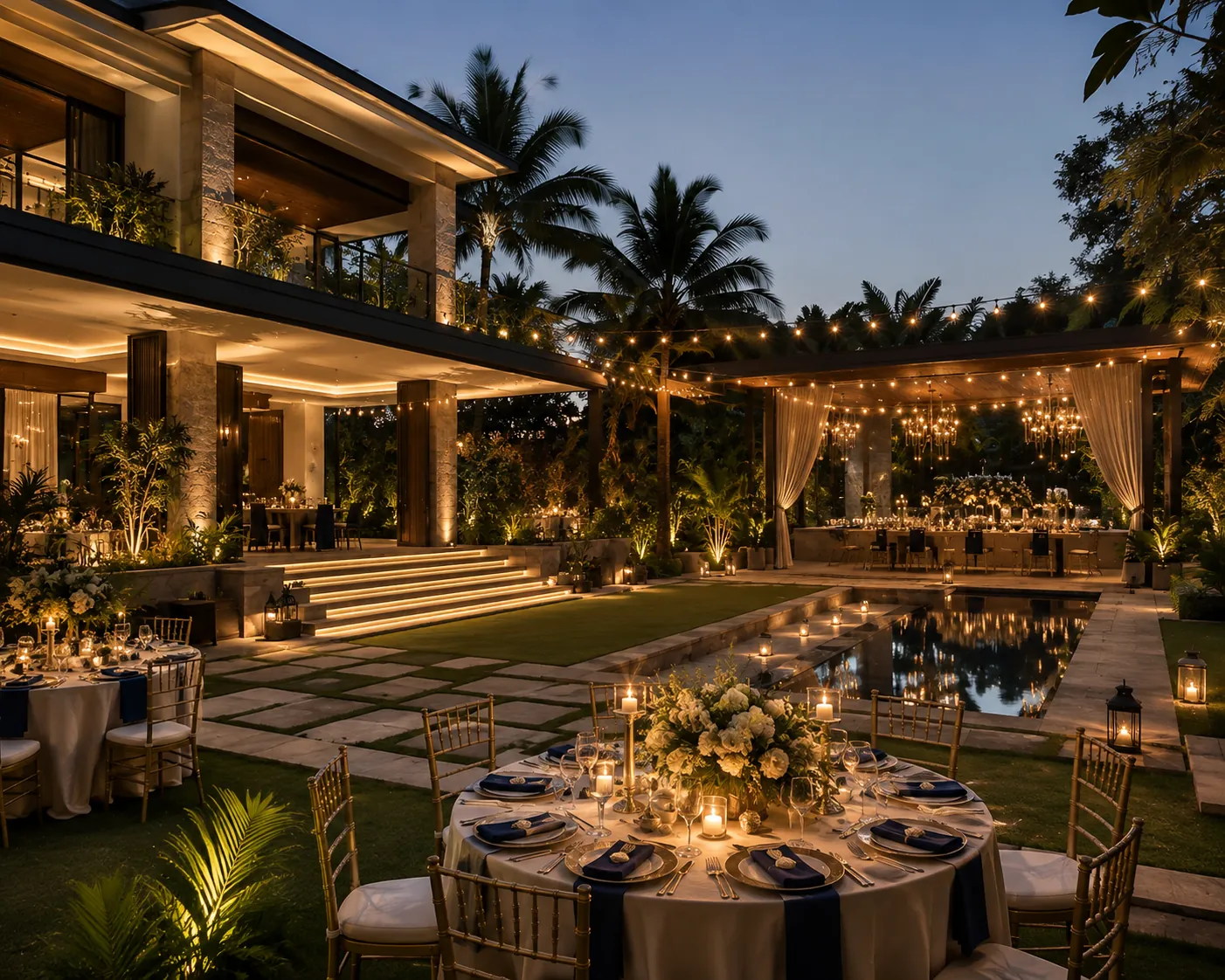 Garden lawn set for an evening dinner