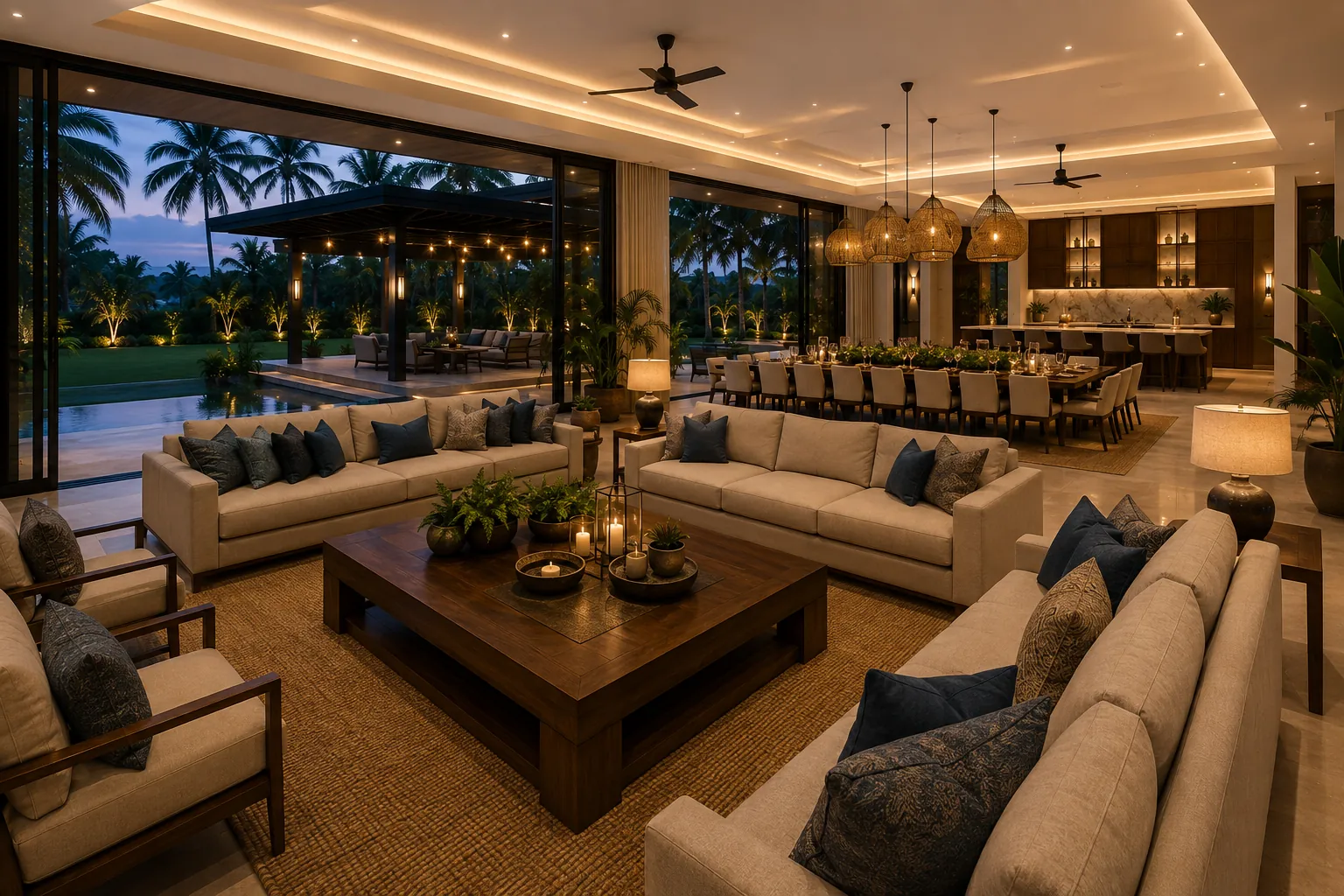 Great room with sofas opening to the garden