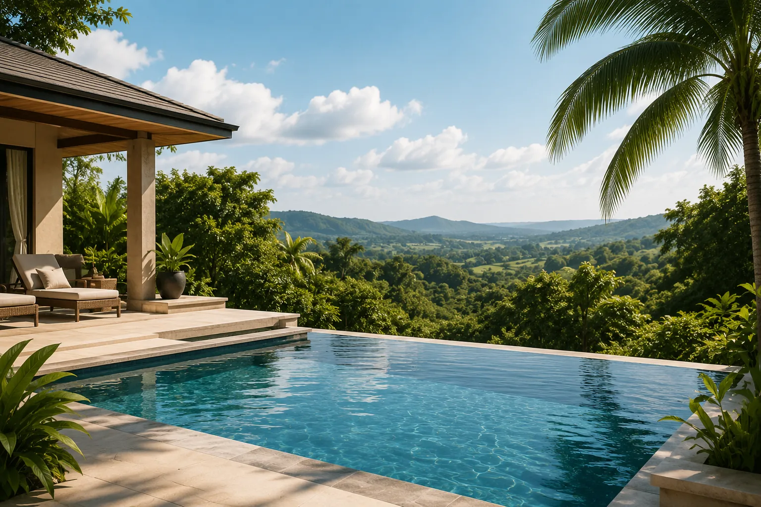 Pool deck looking out over the green valley