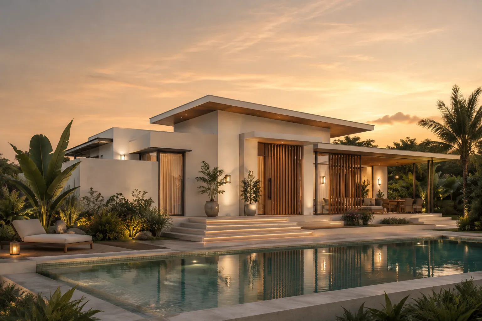 The main villa and pool at dusk