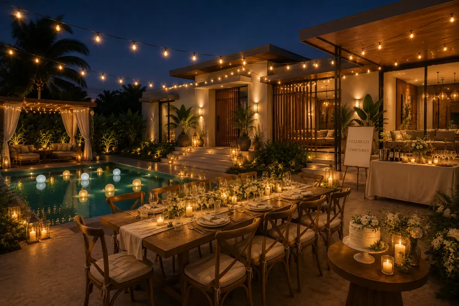 Poolside party under string lights